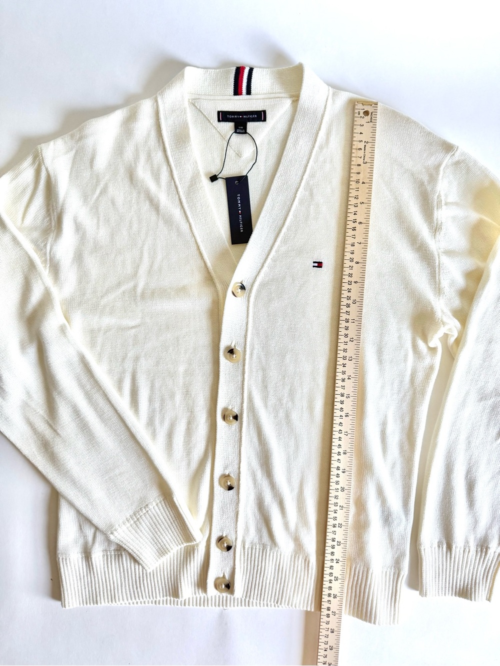Tommy Hilfiger Cardigan Sweater Large Cream White V-Neck NWT Preppy Grandpacore - Picture 9 of 13